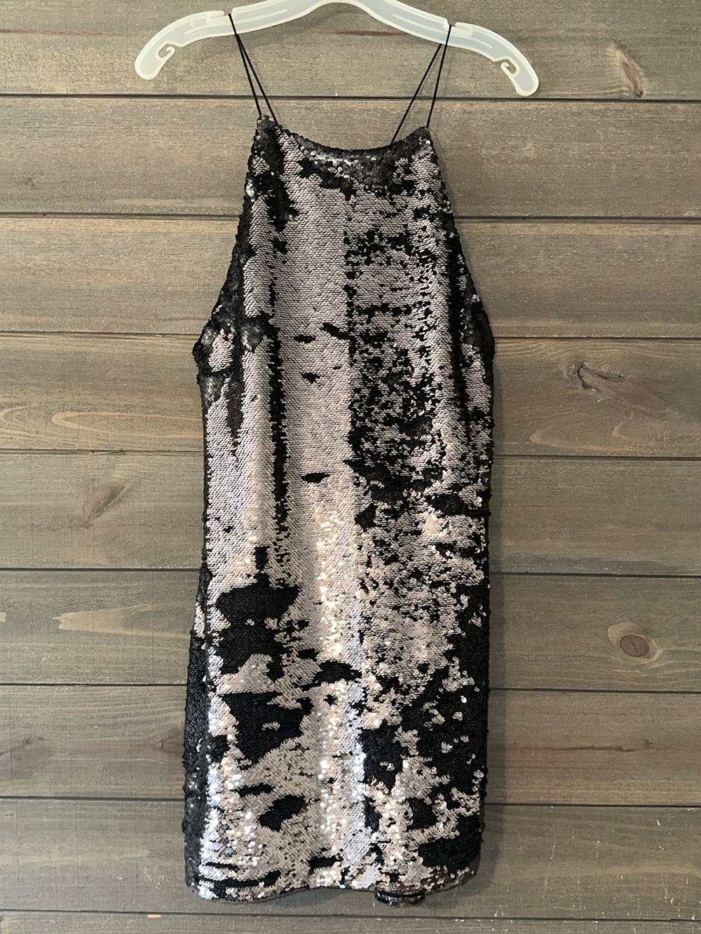 Sequin Halter Slip Dress - Black & Silver